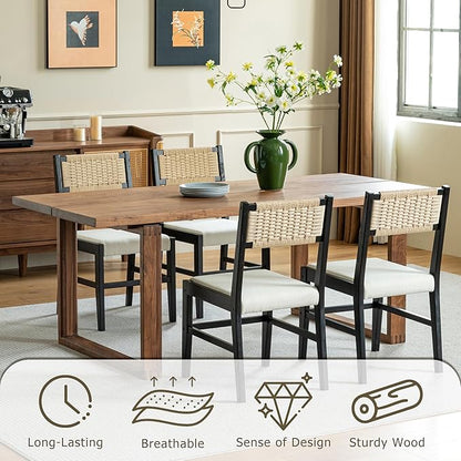 Chogori Wooden Dining Chairs, Modern Farmhouse Kitchen & Dining Room Accent Side Chairs with Woven Rope Back and Fabric Upholstered for Home, Living Room (Black, Set of 4)