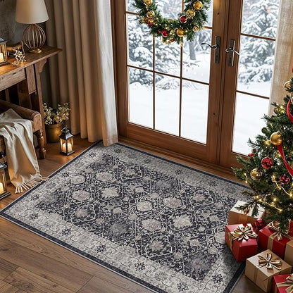 Washable 3x4 Entryway Area Rugs: Ultra Soft Low Pile Carpet for Kitchen Nursery Indoor Light-Weight Doormat Anti-Slip Thin Entry Rug for Living Room Bedroom Small Vintage Floor Mat(3x4,Black)