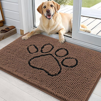 OLANLY Dog Door Mat for Muddy Paws 36x24, Paw Print Design, Absorbs Moisture and Dirt, Absorbent Non-Slip Washable Doormat, Quick Dry Chenille Mud Mat for Dogs, Entry Indoor Entryway Carpet, Mocha
