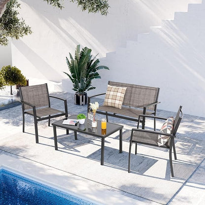 Shintenchi 4 Pieces Patio Furniture Set All Weather Textile Fabric Outdoor Conversation Set, with Glass Coffee Table, Loveseat, 2 Single Chairs for Home, Garden, Lawn, Porch（Tan）