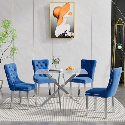 Goujxcy 5 Piece Glass Dining Table Set Modern Small Glass Dining Table Set for 4, 35.43" Square Kitchen Table and 4 Velvet Upholstered Chairs for Kitchen Dining Room, Silver & Blue