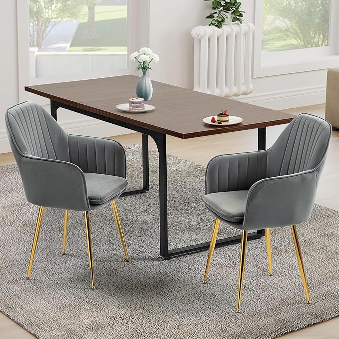ECOTOUGE Matte Velvet Dining Chairs Set of 2, Modern Arm Chair with Golden Metal Legs, Living Room Accent Chairs for Kitchen, Grey