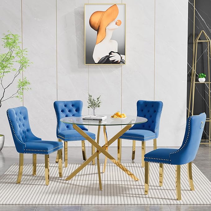 Goujxcy Small Round Dining Table Set for 4, Modern Glass Kitchen Table Chairs Set of 4, 5-Piece Dining Table Set w/36 Circle Gold Glass Dining Room Table and 4 Blue Upholstered Dining Chairs