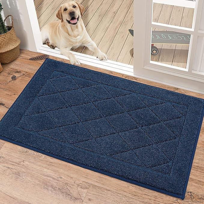 BEQHAUSE Dirt Trapper Door Mat 20" x 32", Doormat Non-Slip Entryway Rugs Washable, Dog Door Mat Stain Resistant and Absorbent Welcome Floor Mat for Front Back Door, Mud Wet Shoes & Paws, Navy Blue