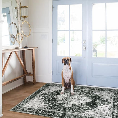 Moynesa Ultra-Thin Washable Vintage Area Rug - 3x5 Boho Entryway Rug Oriental Medallion Living Room Mat Non-Slip Non-Shedding Stain Resistant Indoor Accent Carpet for Kitchen Bedroom, Black/White