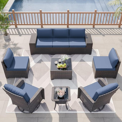 Kurapika 9 Pieces Patio Furniture Set, Rattan Wicker Sofa Set, Outdoor Conversation Sets w/Swivel Rocking Chairs Patio Sectional Sofa w/4in Cushion, Navy Blue