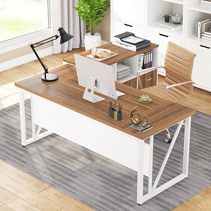 Tribesigns 63-Inch Executive Computer Desk with 47-Inch Lateral File Cabinet, Large Workstation Business Furniture, L Shaped Desk with Drawers and Storage Shelves for Home Office, Walnut & White