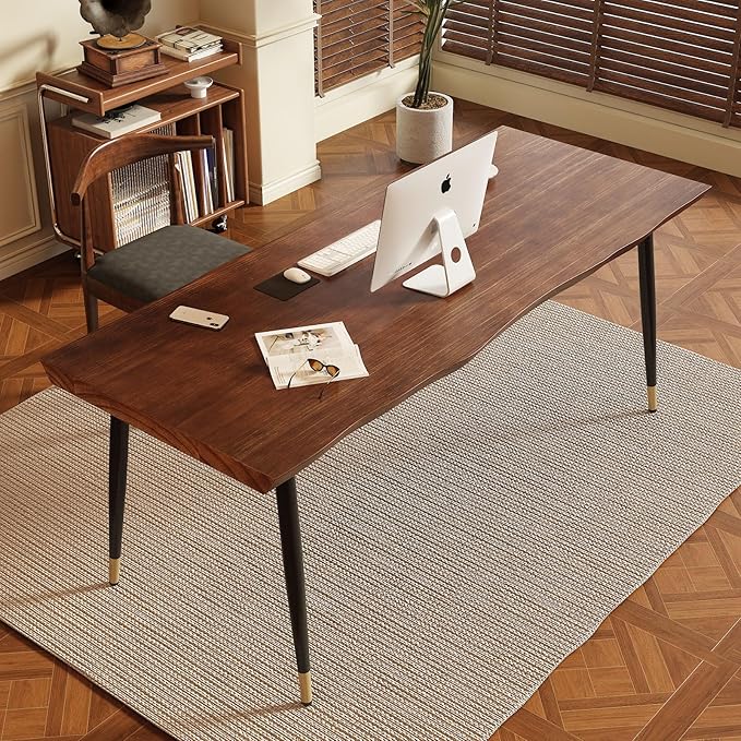 Solid Wood Desk 55 inches, Home Office Computer Desk Wooden Rustic Writing Desk Metal Modern Simple Design Executive Real Wood Desk(Walnut)