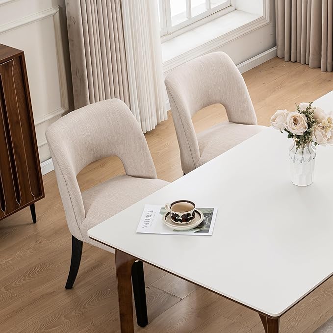 VKNOW Wooden Dining Chairs Set of 6, Modern Fabric Upholstered Dining Room Chair Kitchen Chairs, Farmhouse Dinner Chair for Kitchen Dining Room, Beige-Black Legs