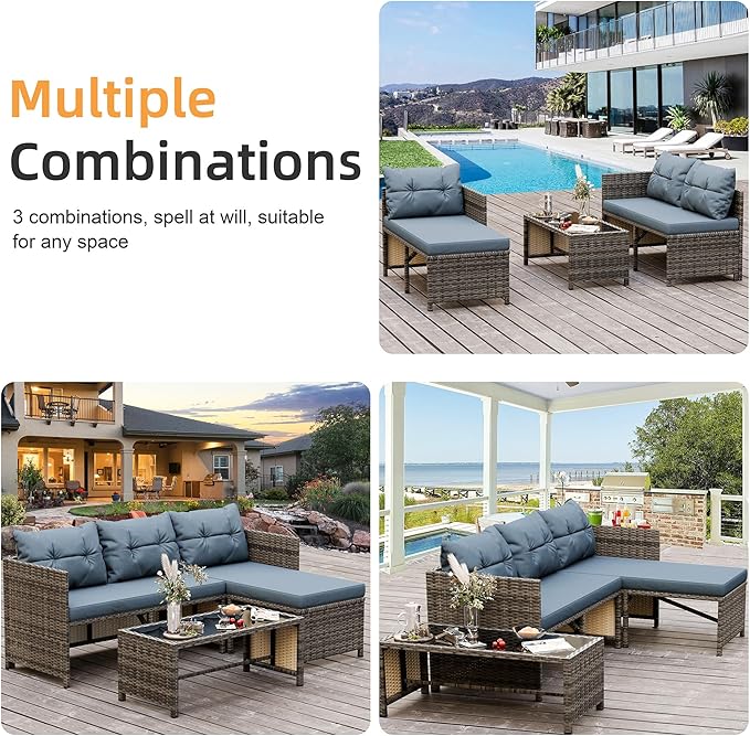 Shintenchi Outdoor Patio Furniture Sets, Wicker Patio sectional Sets 3-Piece, All Weather Wicker Rattan Patio Seating Sofas with Glass Coffee Table and Cushion (Blue Grey)