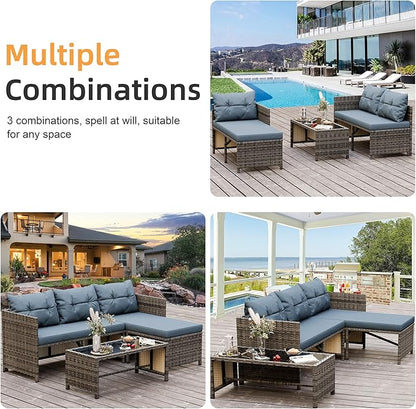 Shintenchi Outdoor Patio Furniture Sets, Wicker Patio sectional Sets 3-Piece, All Weather Wicker Rattan Patio Seating Sofas with Glass Coffee Table and Cushion (Blue Grey)