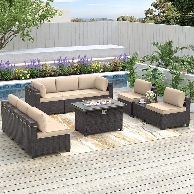 Kurapika 10 Pieces Patio Furniture Set, Rattan Wicker Outdoor Conversation Sets w/43in Propane Fire Pit Table and 4 Inch Cushion(Sand)