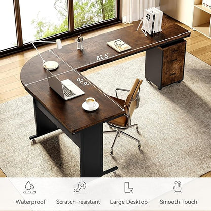 LITTLE TREE 83 Inch L-Shaped Office Desk with Drawers, Large Executive Office Desk with Storage, Wooden Computer Desk with File Cabinet, Modern Work Desk for Home Office, Brown