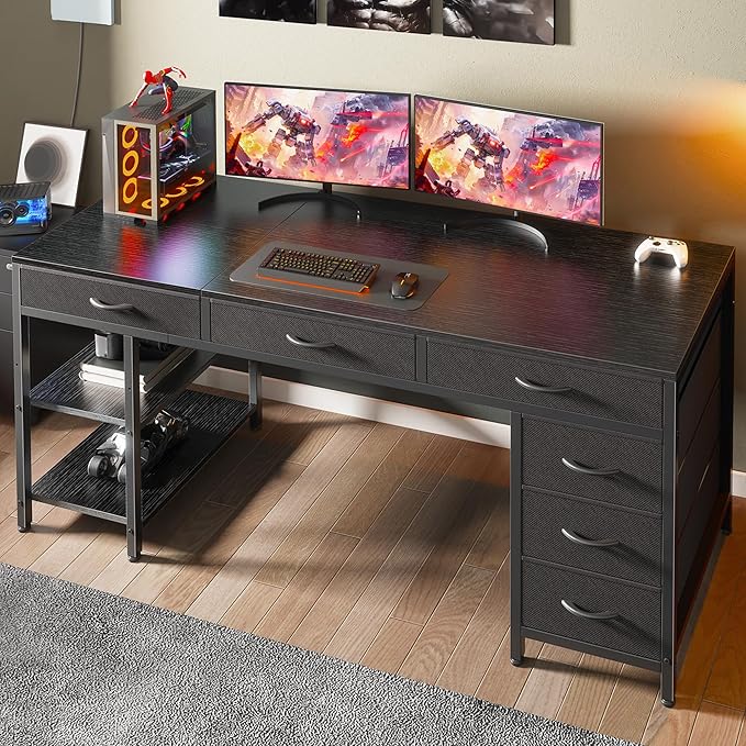 Huuger Computer Desk with 6 Drawers, 63 Inch Office Desk with Shelves, Reversible Gaming Desk, Corner Desk with Storage, for Home Office, Study, Living Room, Black