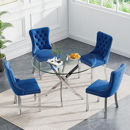 Goujxcy 5 Piece Round Glass Dining Table Set for 4, 36" Round Dining Table & Chair Set Modern Circle Glass Kitchen Table and 4 Velvet Upholstered Chairs for Kitchen Dining (Silver Table & Blue Chair)