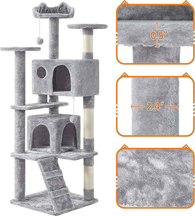 Yaheetech Multi-Level Cat Tree Cat Tower for Indoor Cats Cat Condo Furniture with Sisal Scratching Post, 61in, Light Gray
