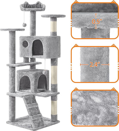 Yaheetech Multi-Level Cat Tree Cat Tower for Indoor Cats Cat Condo Furniture with Sisal Scratching Post, 61in, Light Gray