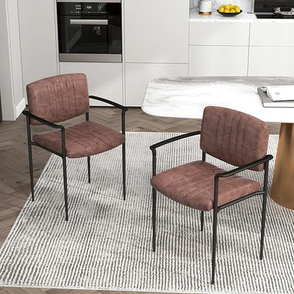 Mid-Century Modern PU Leather Dining Chairs Set of 4, Upholstered Kitchen Chairs with Arms and Metal Legs Adjustable Feet for Kitchen Dining Room(Brown)