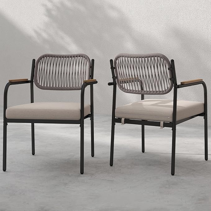 Outdoor Dining Chairs Set of 2, Wicker Patio Dining Chairs with Removable Cushions, Rectangle Patio Table Chair, All Weather Outdoor Chairs, Metal Lawn Chair for Adults/Indoor/Deck, Beige