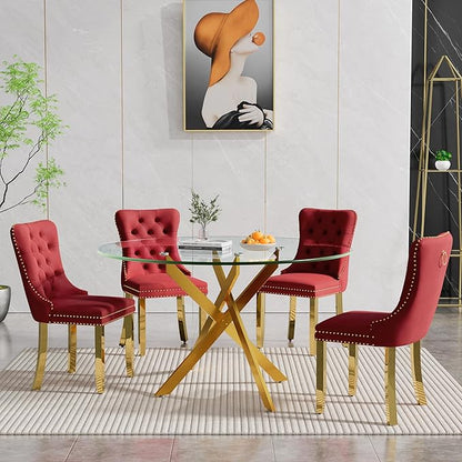 Goujxcy 5 Piece Round Glass Dining Table Set for 4, 47" Round Dining Table & Chair Set Modern Circle Glass Kitchen Table and 4 Velvet Upholstered Chairs for Kitchen Dining (Gold & Burgundy)