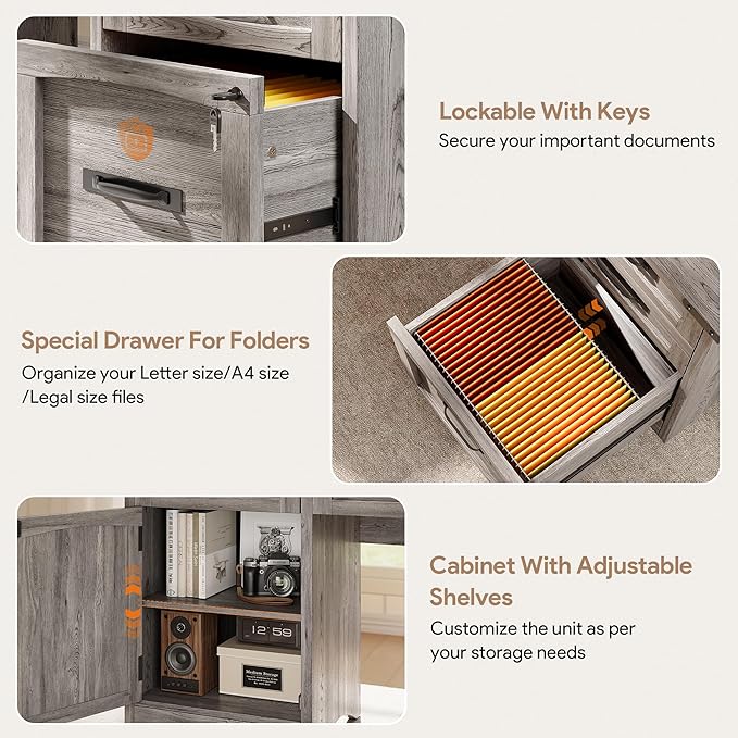 Farmhouse Executive Desk with Drawers, 55" Home Office Desks with Fast Charging Station, Lockable File Cabinet, Wood Writing Computer Desk for Work, Study, Grey