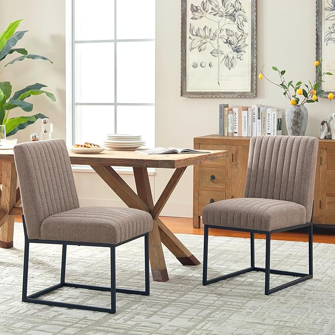 VKNOW Upholstered Dining Chairs, Modern Dining Room Chairs with Stripe, Linen Kitchen Chair Dinner Chair with Black Metal Base for Kitchen Office, Brown