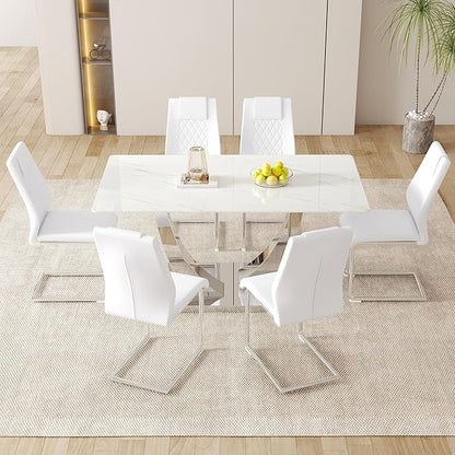 AZmac 63" Modern Dining Table Set for 6, White Dining Room Set for 6, Tempered Glass Kitchen Table and PU Leather Chairs, Marble Pattern Top with Sturdy Silver Chrome Base