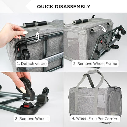 Pet Carrier With Wheels for Dogs Up To 15lbs – Airline Approved Dog Carrier - Rolling Pet Carrier w/ Removable Wheels & Washable Plush Mat – Cat Travel Carrier w/ Telescopic Handle & Shoulder Strap