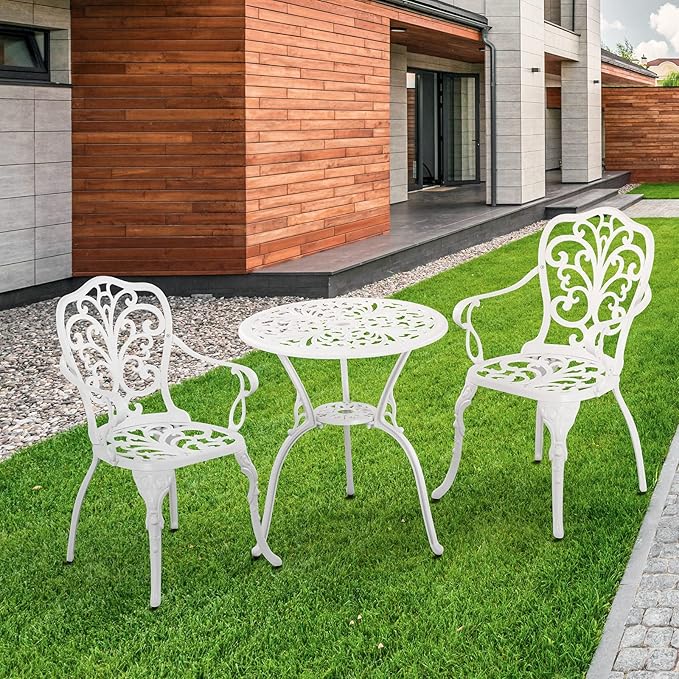 Cast Aluminum Bistro Table and Chairs Set of 2 with Umbrella Hole for Yard (WHITE1)