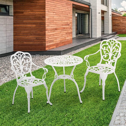 Cast Aluminum Bistro Table and Chairs Set of 2 with Umbrella Hole for Yard (WHITE1)