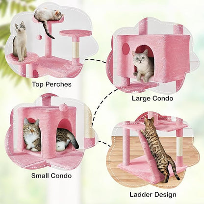 Yaheetech XL Cat Tree, 80in Multi-Level Cat Tower w/Scratching Posts, Double Condo, Perched Platforms and Dangling Balls, Pet Activity Center for Kittens Pets, Pink