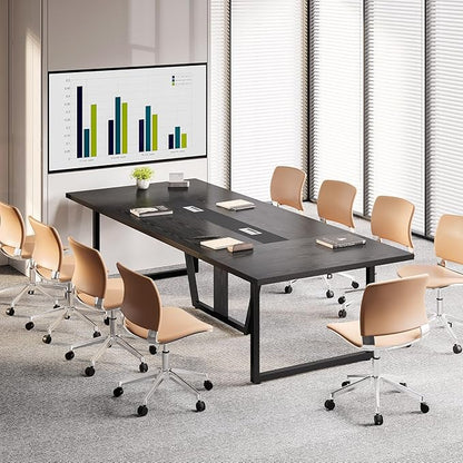 LITTLE TREE 8FT Conference Table for 10 People, Large Meeting Table, Modern Wooden Conference Room Table with Cable Management, Business Training Table with Strong Metal Legs for Office, Black