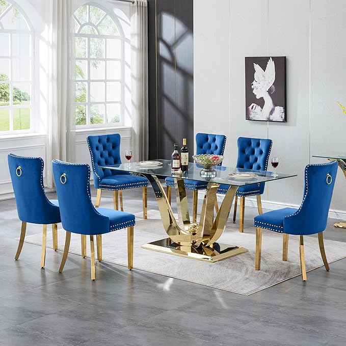 70" Modern Gold Glass Dining Table Set for 6, 7-Piece Rectangle Kitchen Dining Room Table Set with Steel Base & 6 Blue Velvet Upholstered Chairs, Modern Glass Kitchen Table and Chairs Set of 6