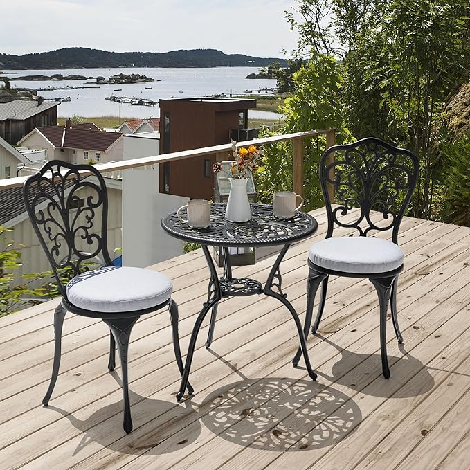 NUU GARDEN 3 Piece Outdoor Bistro Table Set, All Weather Cast Aluminum Patio Bistro Sets Patio Table and Chairs Set of 2 with Umbrella Hole for Yard, Garden, Balcony, Black