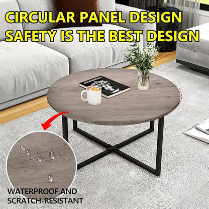 HOMERECOMMEND Round Coffee Table Nesting Tables for Living Room Tea Desk with Black Metal Legs Tea Table Balcony End Sofa Table Study,Black+Grey