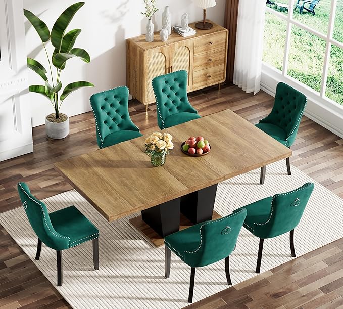 Goujxcy 7-Piece Extendable Dining Table Set for 6-8 People 63-78 Inch Kitchen Table Set with 6 Velvet Upholstered Chairs Farmhouse Rectangular Dining Room Table Set for Kitchen Dining Room Apartment