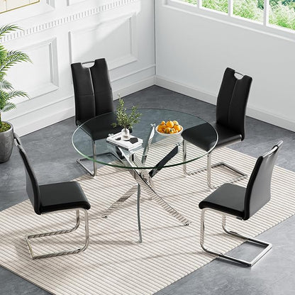 Goujxcy 5 Pieces Round Dining Table Set for 4, Modern Silver Glass Kitchen Table and Chairs for 4 with Upholstered Chairs, Circle Coffee Dining Table Set for Small Space,Apartment,Office