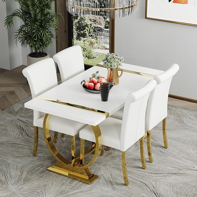 ACEDÉCOR 60" White and Gold Dining Table for 4-6, Modern Rectangular Lacquer Top and Polished Stainless Steel U Shaped Base