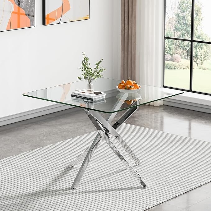 Goujxcy 5 Piece Glass Dining Table Set Modern Small Glass Dining Table Set for 4, 35.43" Square Kitchen Table and 4 Velvet Upholstered Chairs for Kitchen Dining Room, Silver & Beige