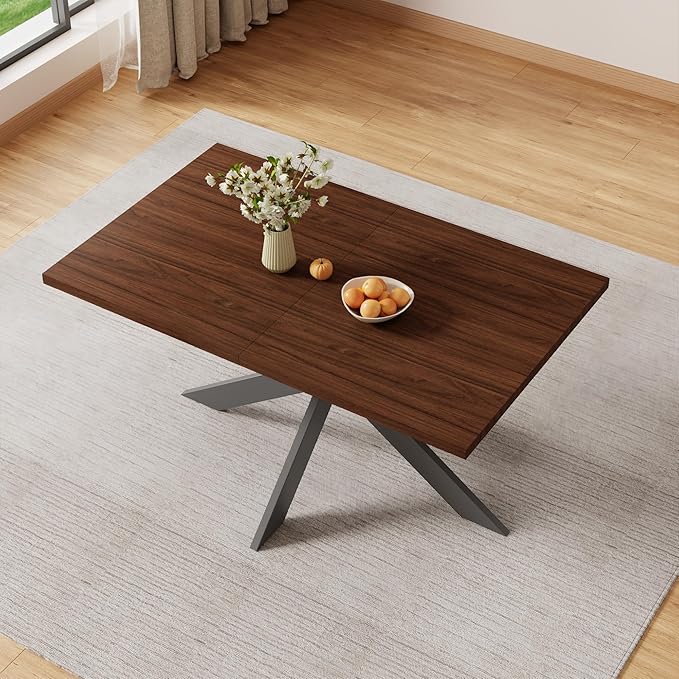 ZckyCine 63"-79" Extendable Dining Table, Modern Walnut Finish Table with Sturdy Metal Frame, Rectangular Kitchen Table for 6-8 People, Easy Assembly, Space-Saving Design