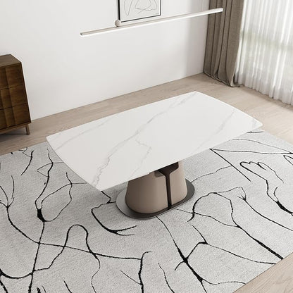 Modern Dining Table, Seats 8-10, Extendable Sintered Stone Dining Table, White Top, Saddle Leather Pedestal Table, 90 in.（1Table