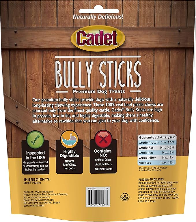 Cadet Bully Sticks for Small Dogs – All-Natural Beef Pizzle, High Protein, Low Fat, Long-Lasting, Grain & Rawhide-Free Dog Chews for Aggressive Chewers, Small (50 Count)