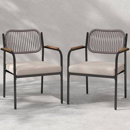 Outdoor Dining Chairs Set of 2, Wicker Patio Dining Chairs with Removable Cushions, Rectangle Patio Table Chair, All Weather Outdoor Chairs, Metal Lawn Chair for Adults/Indoor/Deck, Beige
