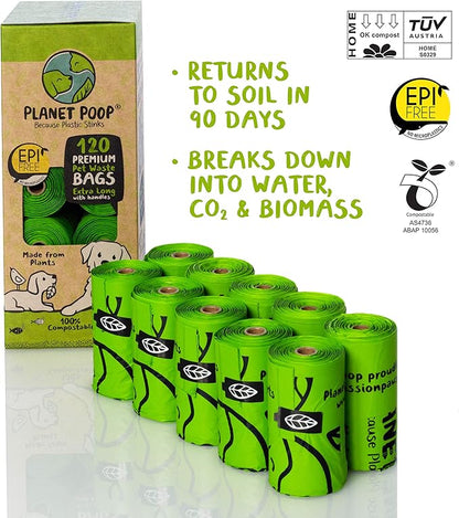 PLANET POOP Home Compostable Dog Poop Bags Extra-long with Handles 120 Un-Scented Pet Waste Bags Plastic Free, Thick Leakproof Plant-Based Doggy Bag, Cats & Dogs Pet Supplies