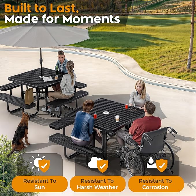 Metal Picnic Tables for Outdoors with Umbrella Hole - Coated Steel Heavy Duty Commercial Grade Furniture with Adjustable Seats (Black, 46 in, Square, Expanded Steel)