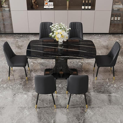 Modern Dining Table Set for 6, Marble Kitchen Table Chair Set for 6, Rectangular Kitchen Table with 6 Pu Leather Upholstered Chair for Dining Room (Black Table with 6 Black Chairs)