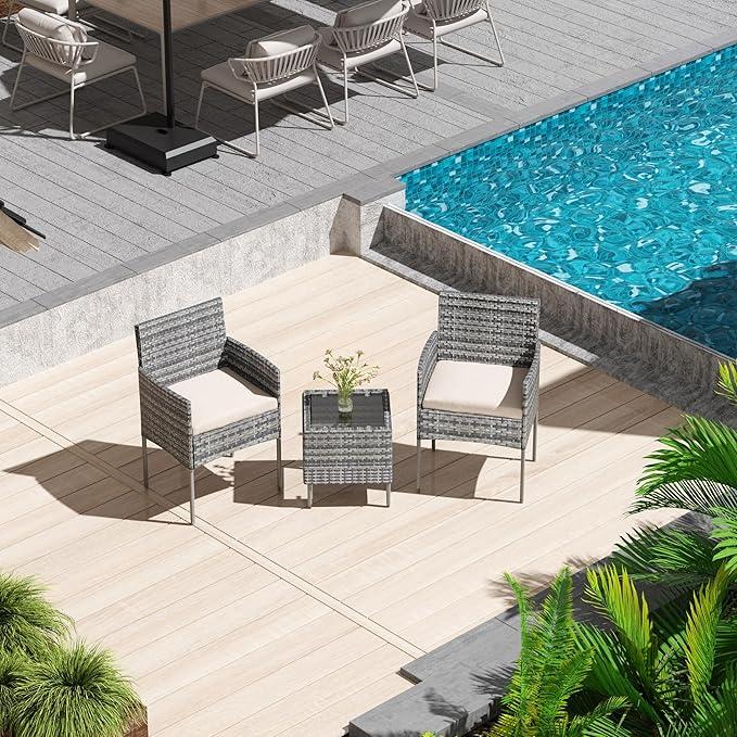3 Pieces Patio Furniture Set, Outdoor Conversation Sets, Wicker Rattan Chairs for Garden Backyard Balcony Porch Poolside, Set with Glass Table and Soft Cushions (Brown+Beige)