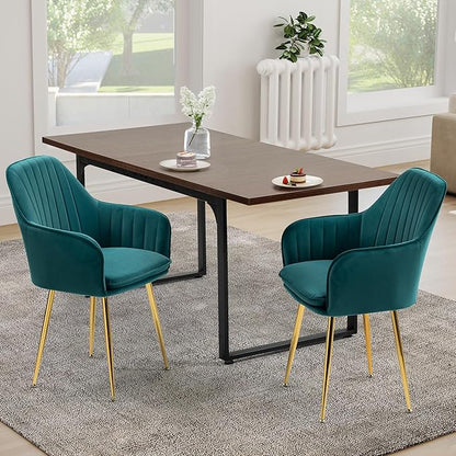 ECOTOUGE Matte Velvet Dining Chairs Set of 2, Modern Arm Chair with Golden Metal Legs, Living Room Accent Chairs for Kitchen, Emerald Green