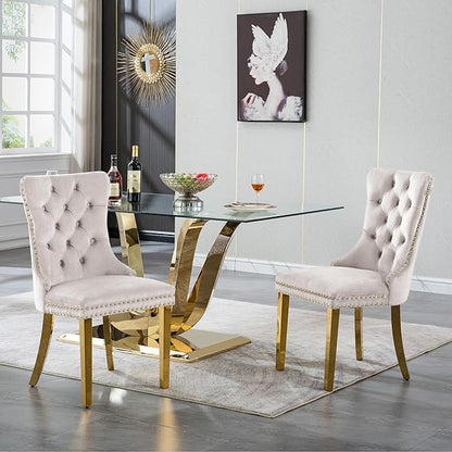 70" Modern Gold Glass Dining Table Set for 4, 5-Piece Rectangle Kitchen Dining Room Table Set with Steel Base & 4 Beige Velvet Upholstered Chairs, Modern Glass Kitchen Table and Chairs Set of 4
