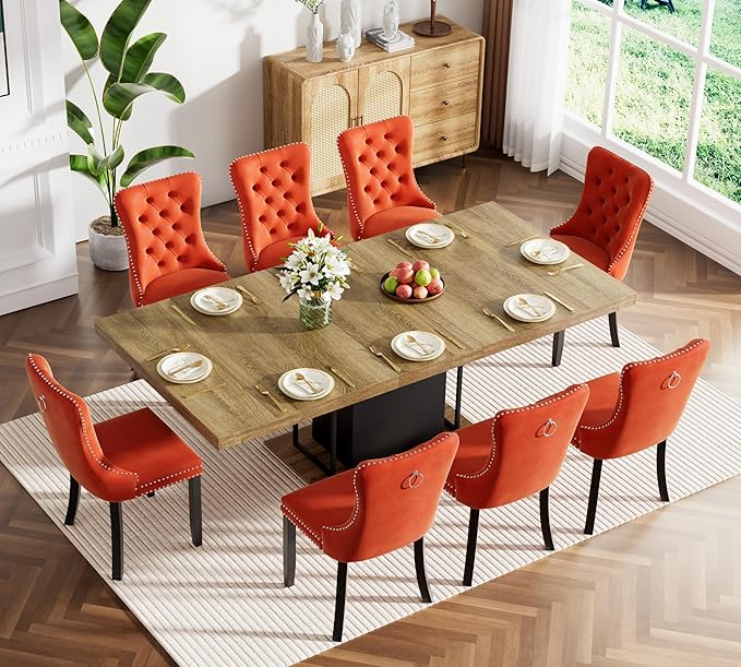 Goujxcy 78.7" Farmhouse Extendable Dining Room Table Set for 8, 9-Piece Rectangle Kitchen Dining Room Table Set with Wood Base and 8 Orange Velvet Dining Chairs, Extending Kitchen & Dining Table Set